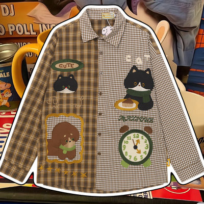 cattle赵大牛新款美式童趣刺绣卡通小狗拼接牛仔衬衫男女同款外套