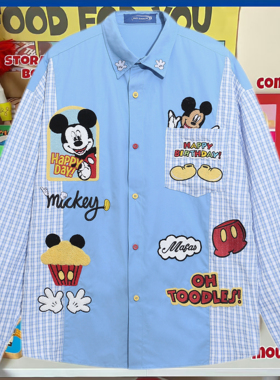 cattle赵大牛新款美式童趣刺绣卡通米奇格子拼接衬衫男女同款衬衣