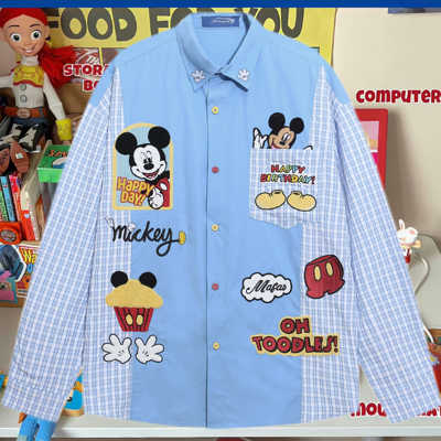 cattle赵大牛新款美式童趣刺绣卡通米奇格子拼接衬衫男女同款衬衣