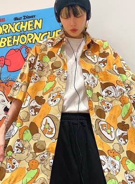 cattle赵大牛 vintage童趣松鼠短袖衬衫 oversize卡通可爱上衣