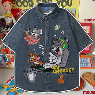 cattle赵大牛童趣卡通猫和老鼠刺绣牛仔短袖衬衫男女同款情侣外套