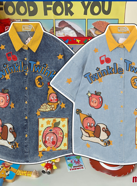 cattle赵大牛新款童趣卡通刺绣牛仔短袖衬衫男女同款情侣翻领外套