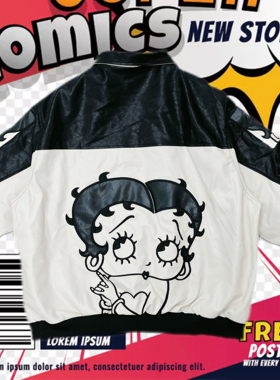 cattle赵大牛新款贝蒂美式童趣刺绣卡通拼色皮衣翻领外套男女同款