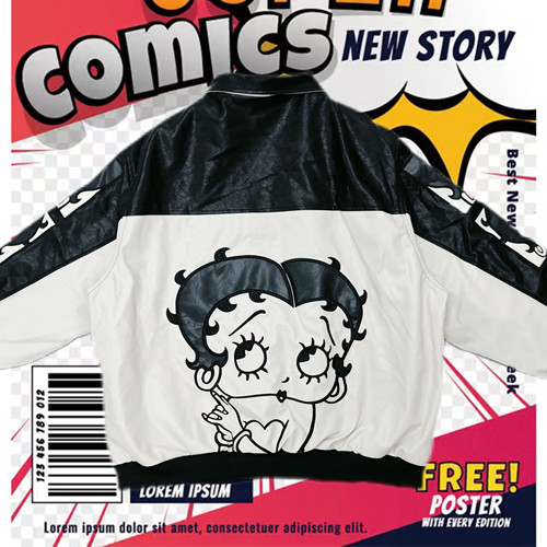 cattle赵大牛新款贝蒂美式童趣刺绣卡通拼色皮衣翻领外套男女同款