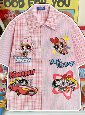 cattle 赵大牛童趣卡通飞天小女警刺绣格子短袖衬衫男女同款情侣