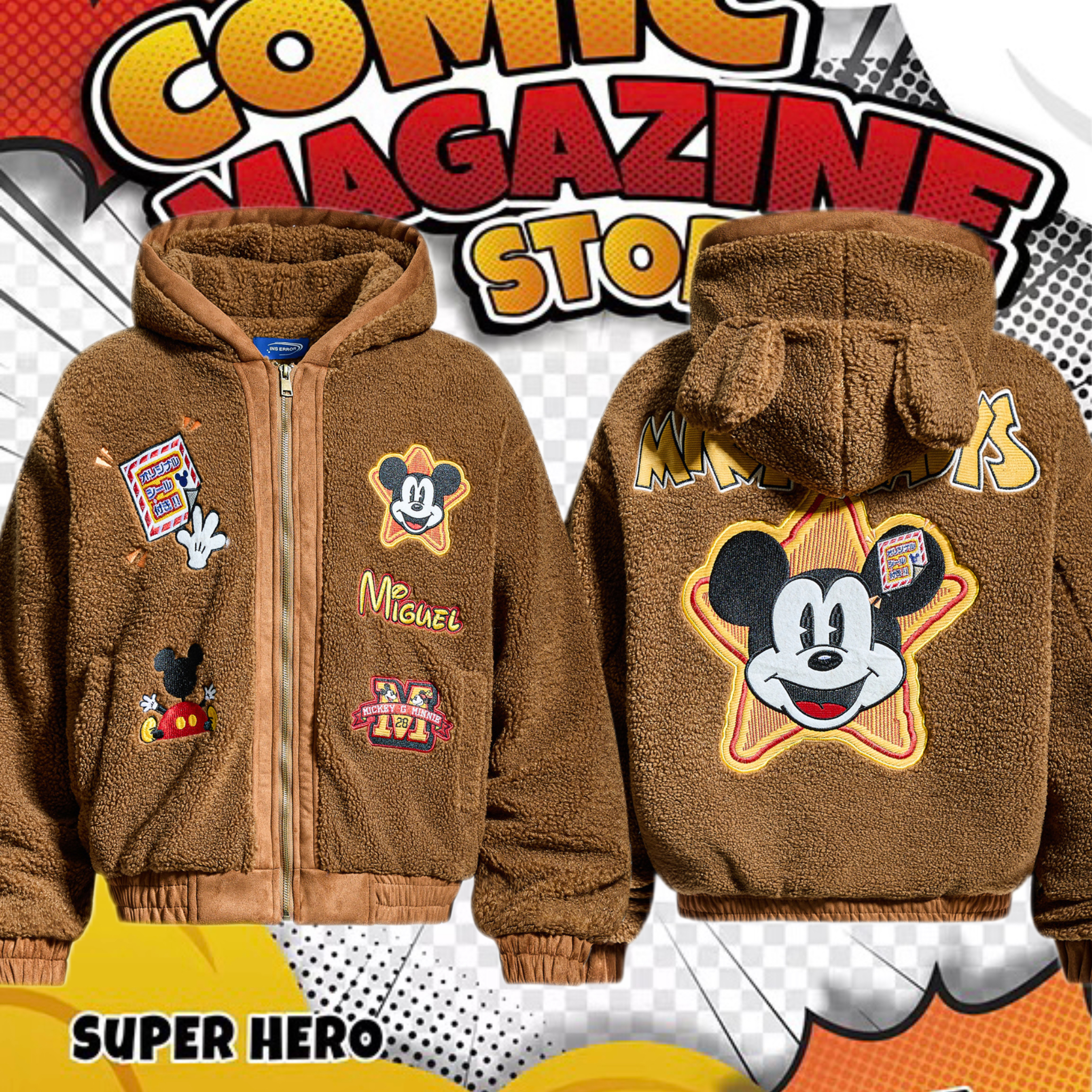 cattle赵大牛 新款美式童趣刺绣卡通米奇连帽棉服外套男女同款