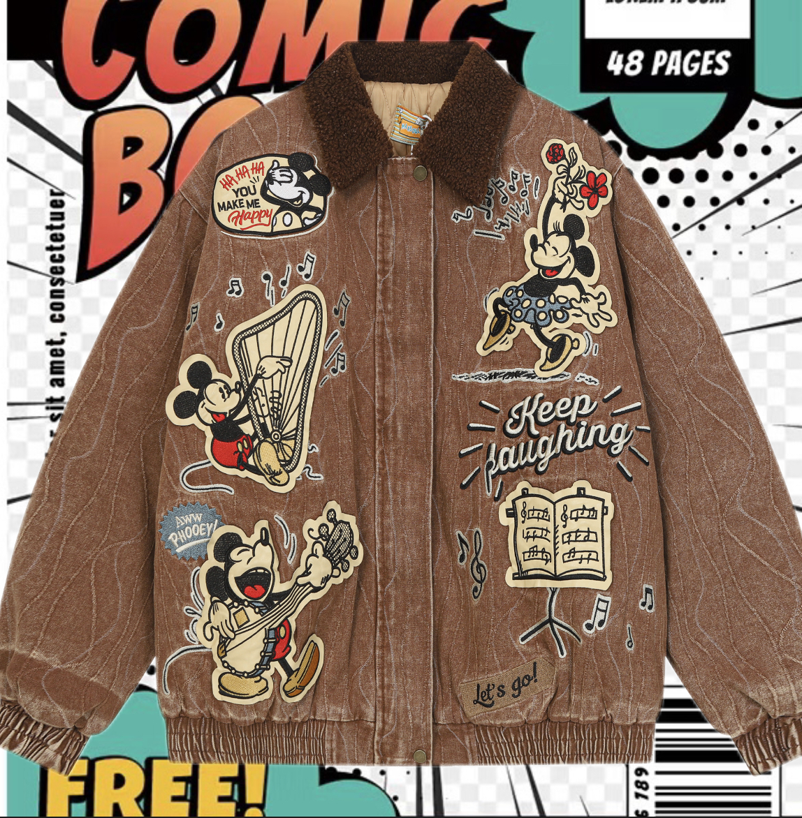 cattle赵大牛新款美式童趣刺绣卡通米奇翻领牛仔外套男女同款棉服