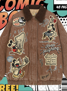 cattle赵大牛新款美式童趣刺绣卡通米奇翻领牛仔外套男女同款棉服