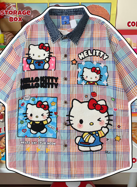 cattle赵大牛新款美式童趣卡通毛巾刺绣格子拼接短袖衬衫男女同款