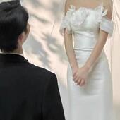 一字肩轻婚纱森系超仙简约出门纱立体花朵外景晨袍轻纱迎宾礼服裙