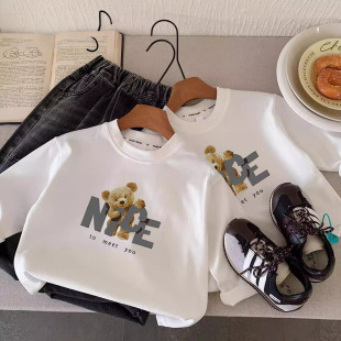 男童长袖t恤纯棉痞帅风白色上衣儿童春秋款外穿薄款打底衫衣服潮