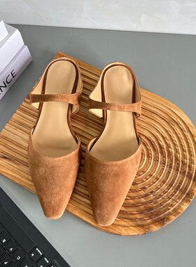 法式尖头反绒皮包头半包凉鞋女夏