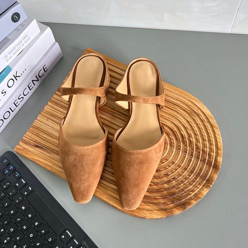 法式尖头反绒皮包头半包凉鞋女夏