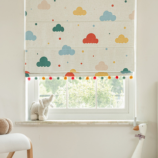 法欧雅卡通ins风亚麻多巴胺彩色云朵遮光罗马帘卧室飘窗升降帘