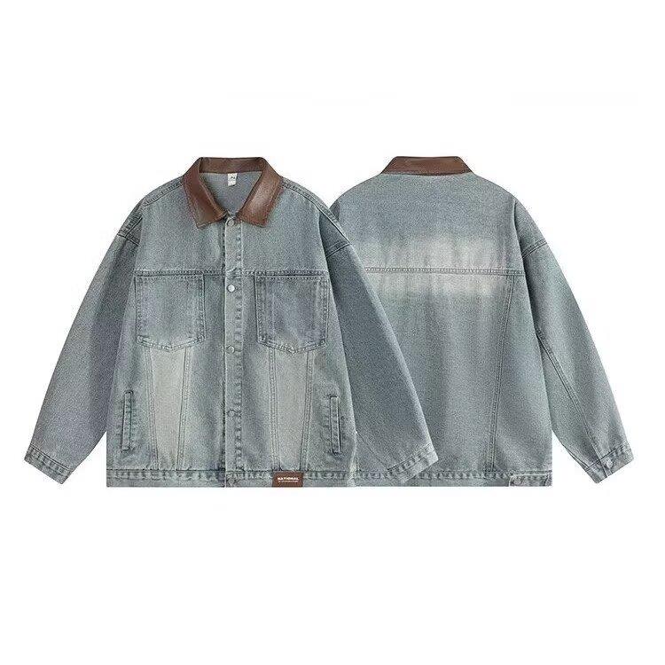 美式复古拼接翻领牛仔外套男秋冬季新款pu皮百搭宽松工装短款夹克