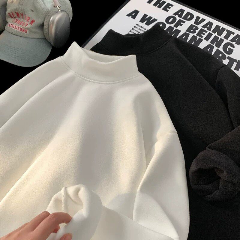 半高领双面德绒打底衫男秋冬纯色中领内搭加绒加厚保暖衣长袖t恤