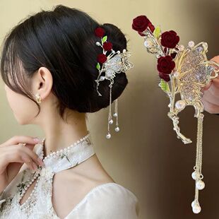 红色玫瑰闪钻流苏抓夹女高级感后脑勺盘发气质鲨鱼夹子头饰发夹