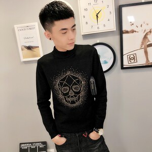 5骷髅烫钻针织衫毛衣冬季社会小伙男半高领打底衫C301B-MY18图片
