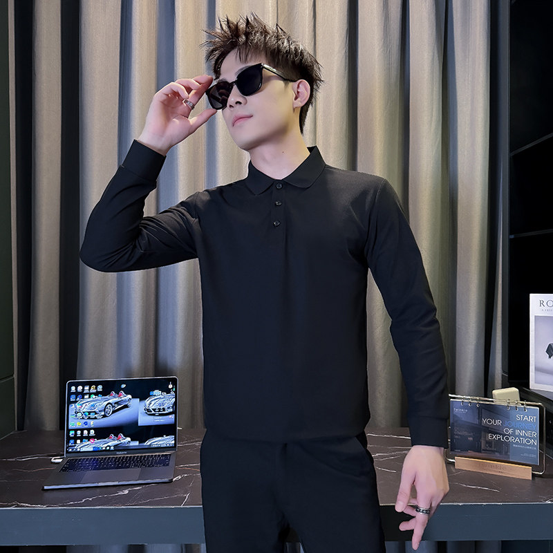 101B-CT01-P30春秋休闲纯色polo衫社会修身翻领T恤男2025长袖上衣,男装Polo衫,电商C301B