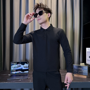 101B-CT01-P30春秋休闲纯色polo衫社会修身翻领T恤男2025长袖上衣图片