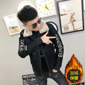 1冬季加绒毛领修身印花皮衣男社会小伙夹克外套301B-PY14-P130图片