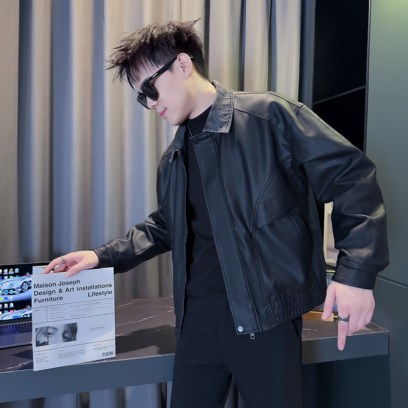 101B-PY84-P128秋冬翻领复古皮衣男装社会宽松夹克帅气休闲外套，男装皮衣，电商C301B