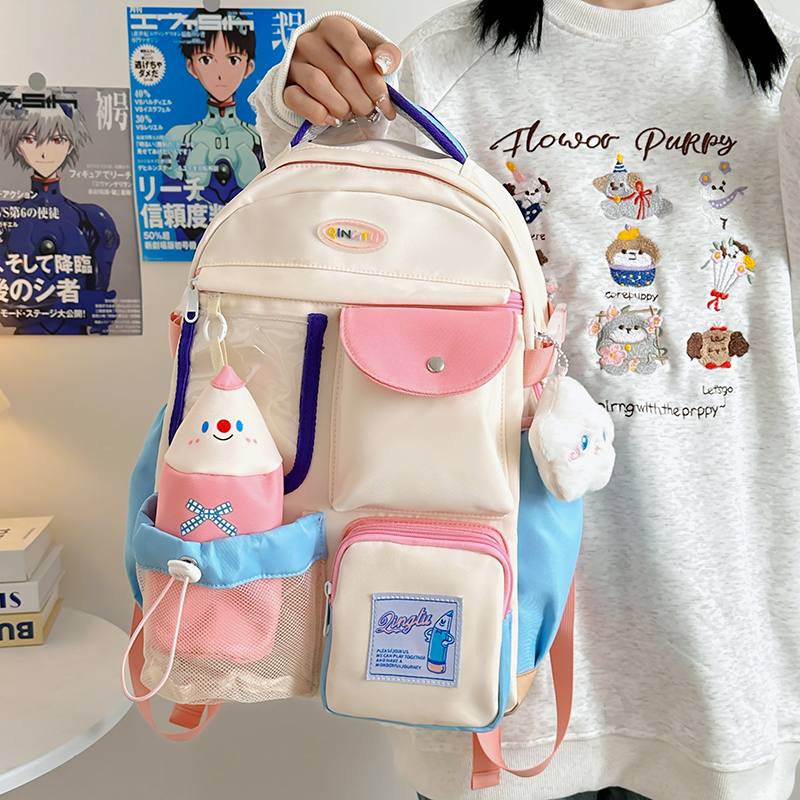 高颜值卡通笔筒双肩包女大容量撞色可爱初中生小学生书包上课背包