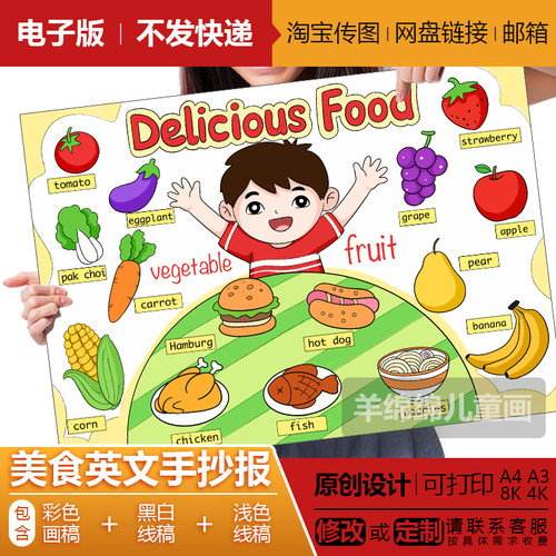 美食英文手抄报电子版模板黑白线稿打印涂色食物英语单词绘画小报