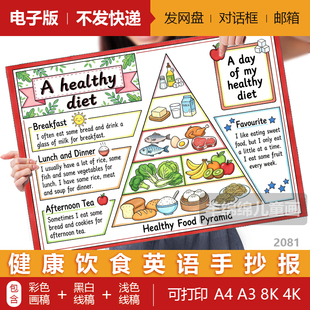 my healthy food健康饮食英语手抄报电子版模板黑白线稿打印涂色