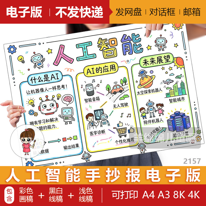 人工智能科技科学未来生活儿手抄报模板电子版黑白线稿打印涂色