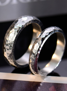 原创手工999纯银锤纹戒指男女款情侣对戒古法扳指男款复古尾戒潮