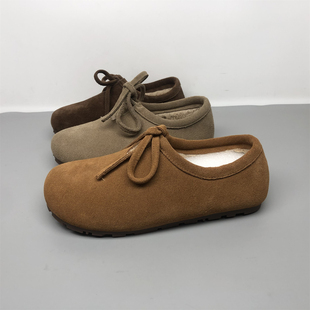 品牌撤柜真皮女鞋 舒适百搭一脚蹬圆头磨砂皮 休闲保暖博肯毛毛棉鞋