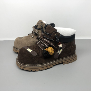 品牌撤柜真皮女靴2025冬季加绒新款磨砂牛皮丑萌大头软平底马丁靴