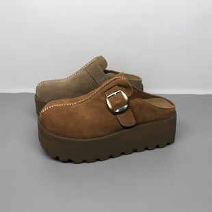 品牌撤柜厚底勃肯鞋半拖鞋女外穿包头真皮复古牛皮小个子松糕单鞋