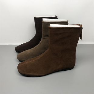 品牌撤柜真皮勃肯短靴女2025秋新款后拉链软底牛皮瘦瘦靴时尚单靴