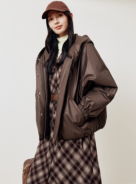 firststation休闲咖啡色连帽宽松拉链短款羽绒服女25秋新款Y126A