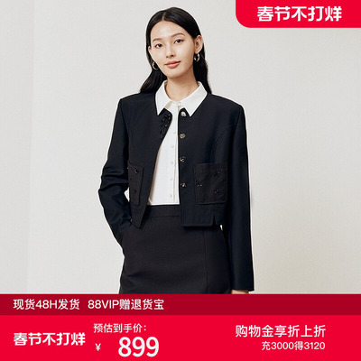 firststation优雅圆领口袋点缀珠钻花卉短外套女25秋新款1590A