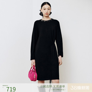 firststation时尚百搭圆领收腰长袖针织连衣裙女25冬新款9420A