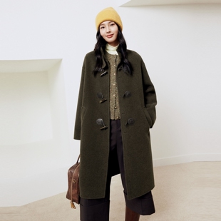 firststation时髦立领牛角扣中长款羊毛大衣外套女25冬新款8227A