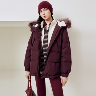 firststation时尚连帽大毛领抽绳保暖短款羽绒服女25冬新款Y920A