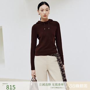 firststation咖啡色休闲连帽微收腰上衣打底衫女25秋新款5457A