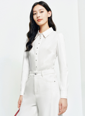 FS通勤翻领塔克褶针梭相拼磨毛坑条针织衬衫26春夏新款女装2102A