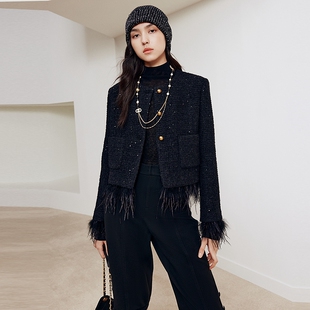 firststation优雅圆领小香风可拆卸长羽毛短外套女25秋新款1522A