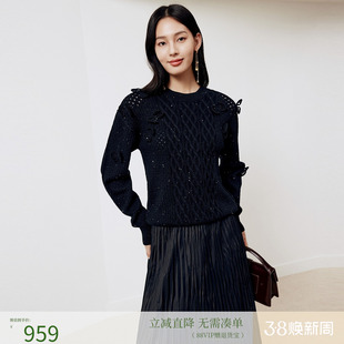 firststation优雅圆领镂空宽松套头保暖针织毛衣女25冬新款9568A