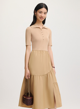 FS时尚翻领半开襟单排扣针梭拼接中袖连衣裙26秋冬新款女装4621A
