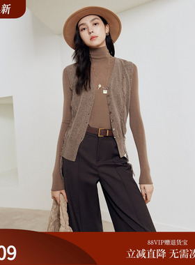 firststation时尚咖啡色V领宽松针织开衫马甲毛衣女25冬新款9020A