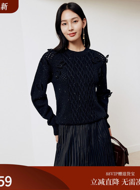 firststation优雅圆领镂空宽松套头保暖针织毛衣女25冬新款9568A