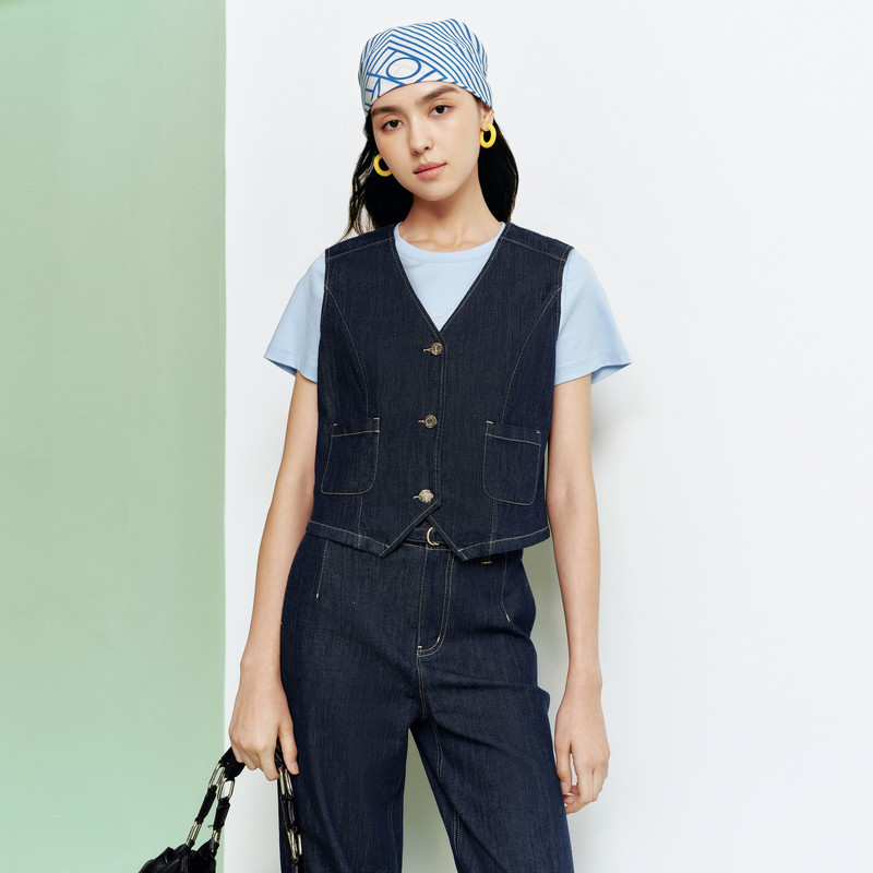 FS都市摩登V领工装风宽松原牛色牛仔马甲外套26春夏新款女装J071A
