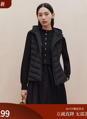 firststation时尚连帽弧线剖缝修身无袖保暖马甲女25秋新款Y050A