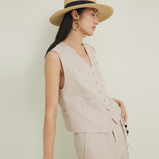 firststation休闲通勤无领立体精裁亚麻西装马甲女25夏新款1096A
